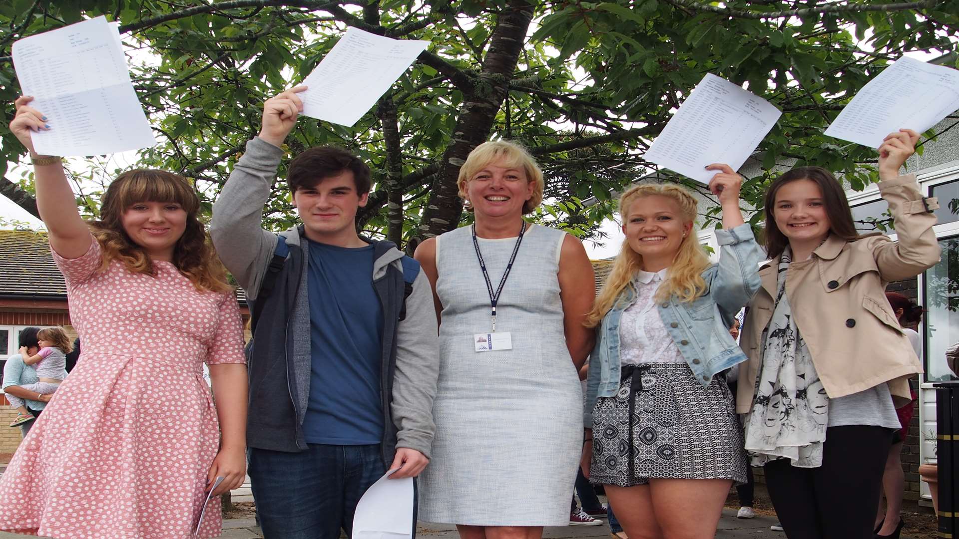 Brockhill school pupils in Saltwood celebrating GCSE results with principal Sonettee Schwartz.