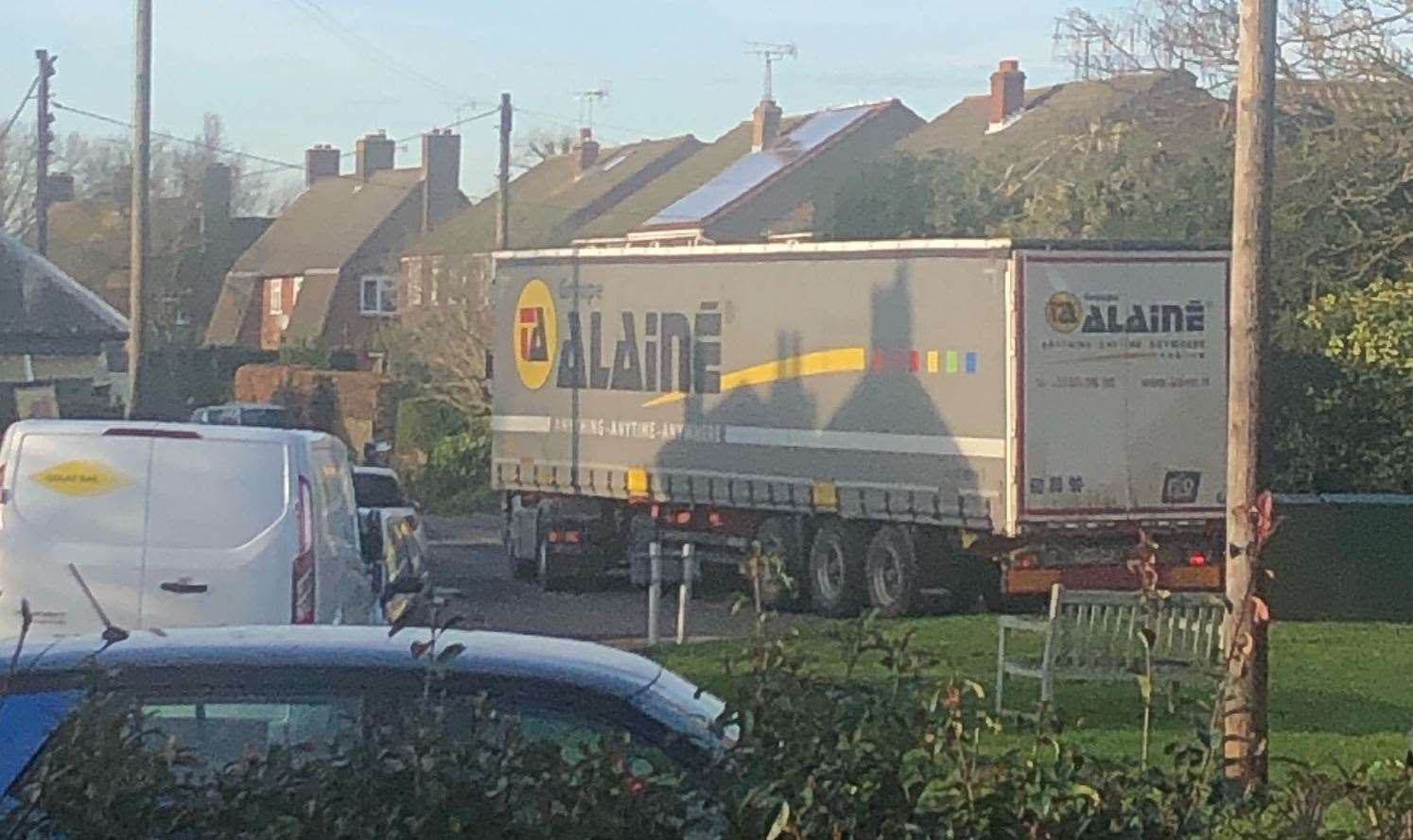 Before the chaos yesterday evening, HGVs continued to head into the village during the day. Picture: Kate Agrell