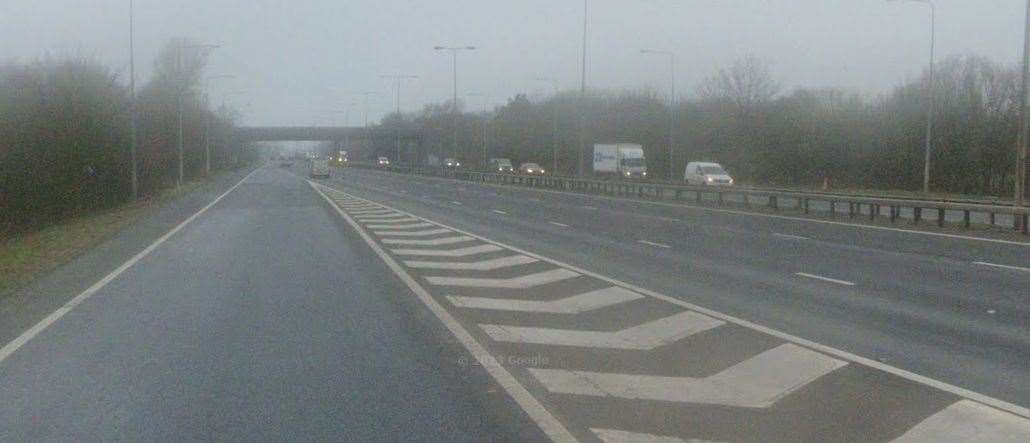 M20 J11 Coastbound exit sliproad is closed after reports a car has driven off the carriageway. Picture: Google