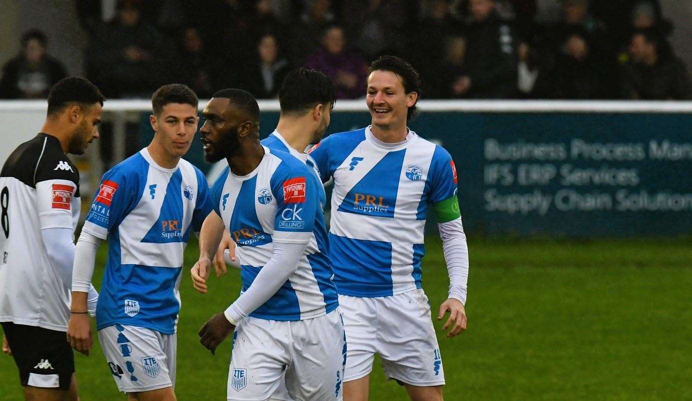 Sheppey celebrate scoring at Faversham. Picture: Marc Richards