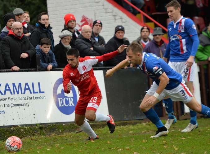 Barney Williams takes on Carlisle's Danny Grainger. Picture: Keith Gillard