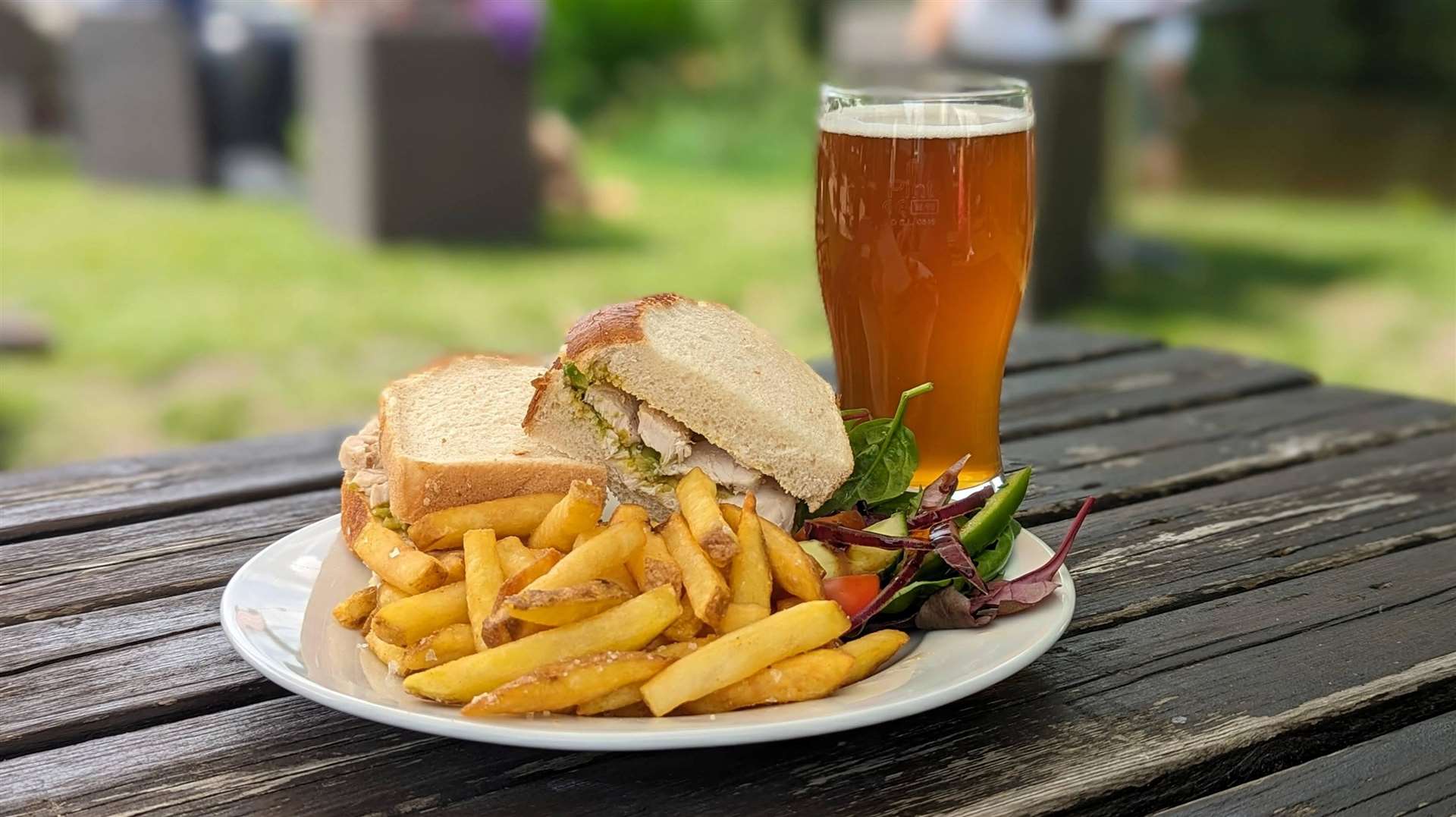 A pint of Trout Pout ale and a well-earnt chicken and avocado sandwich