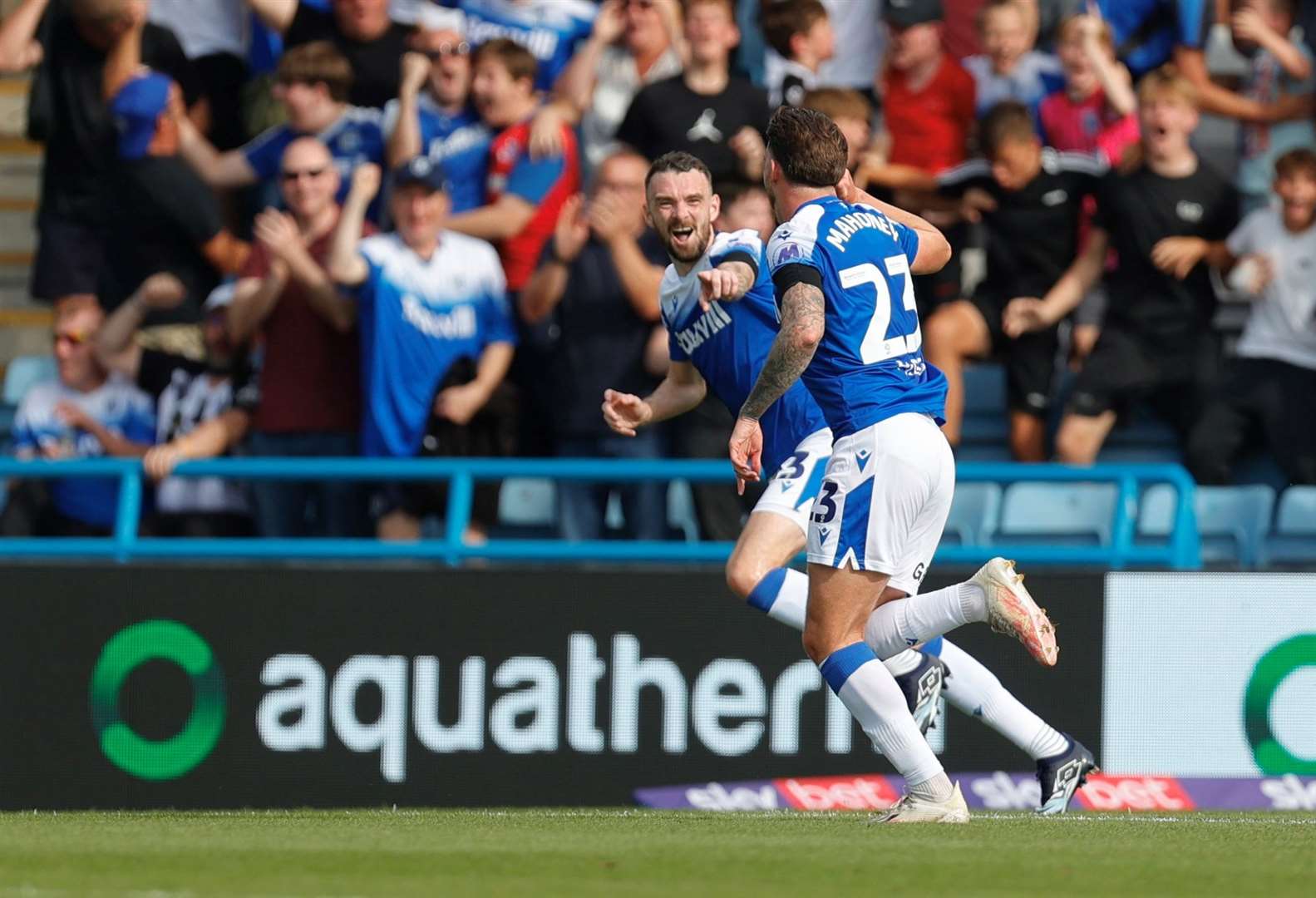 Connor Mahoney puts Gillingham 2-1 ahead against Morecambe Picture: @Julian_KPI