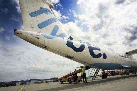 The tailfin of a Flybe aeroplane, similar to the one which will be flying passengers from Manston to Edinburgh