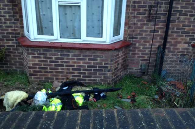 Roof tiles scattered in the garden