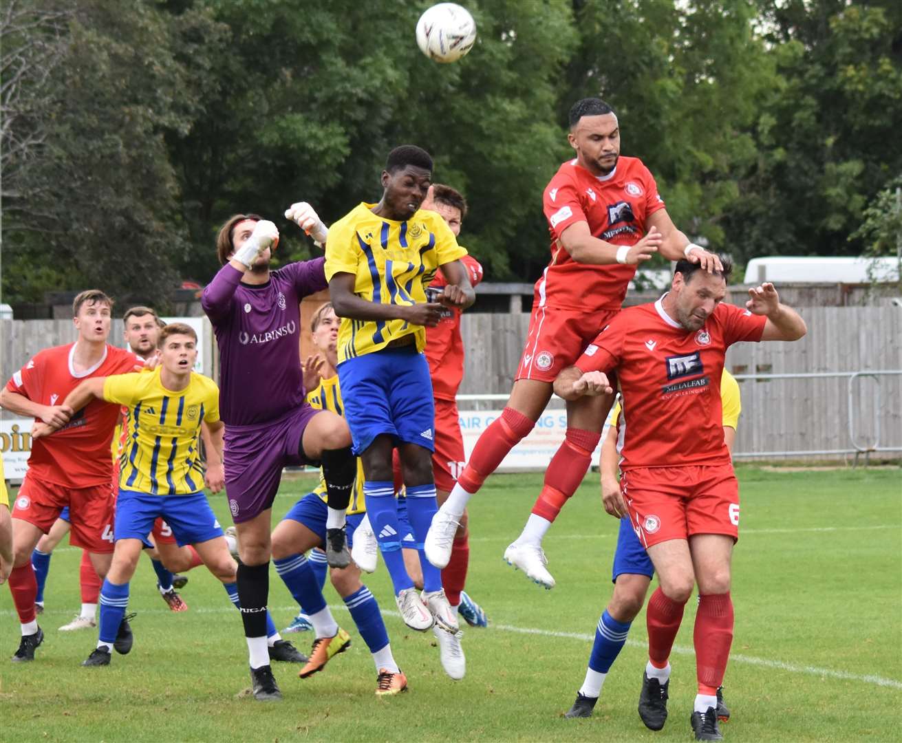 Dean Grant's header is off-target for Hollands & Blair at Stansfeld. Picture: Alan Coomes