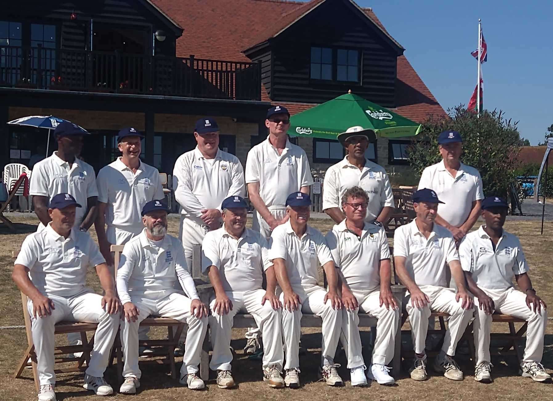 The England over-60s team ahead of the match against Wales in August, John Butterworth is on the front row, second from left