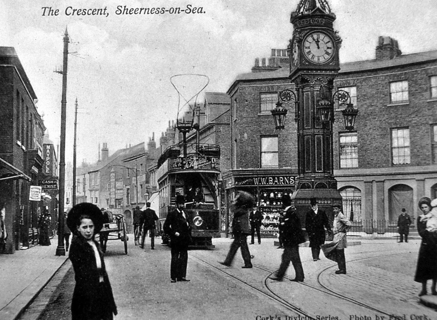 Then: Trams in Sheerness around the clock tower. You can pick out the special loop at the top used to get power from the overhead cables. Picture: Martin and Rosemary Hawkins.