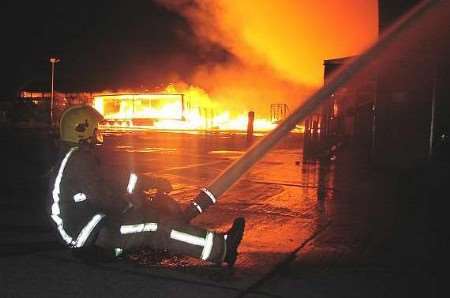 Scene at the height of the blaze. Picture courtesy CHRIS NELSON/ KENT FIRE AND RESCUE SERVICE