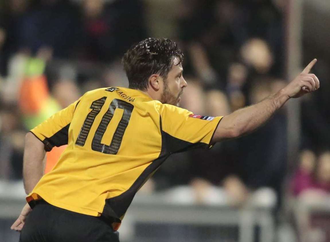 Frannie Collin celebrates after scoring against Stevenage in 2014. Picture: Martin Apps