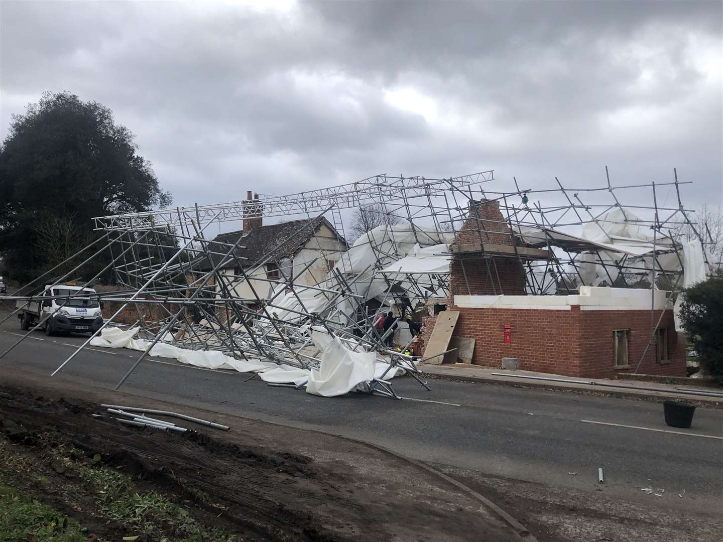 The scaffolding was still blocking the road this morning