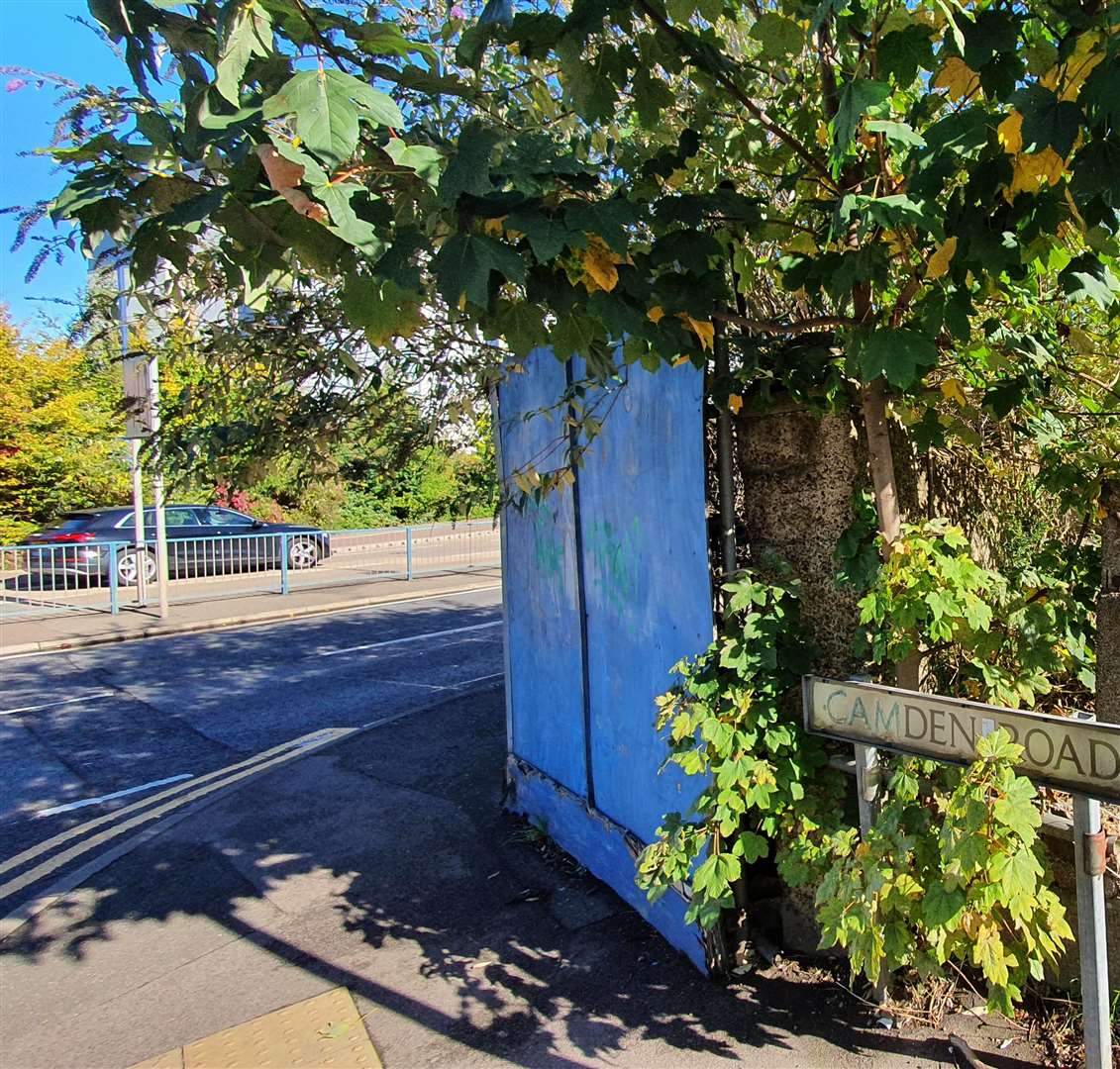 The fading blue hoardings in Pier Road, Gillingham