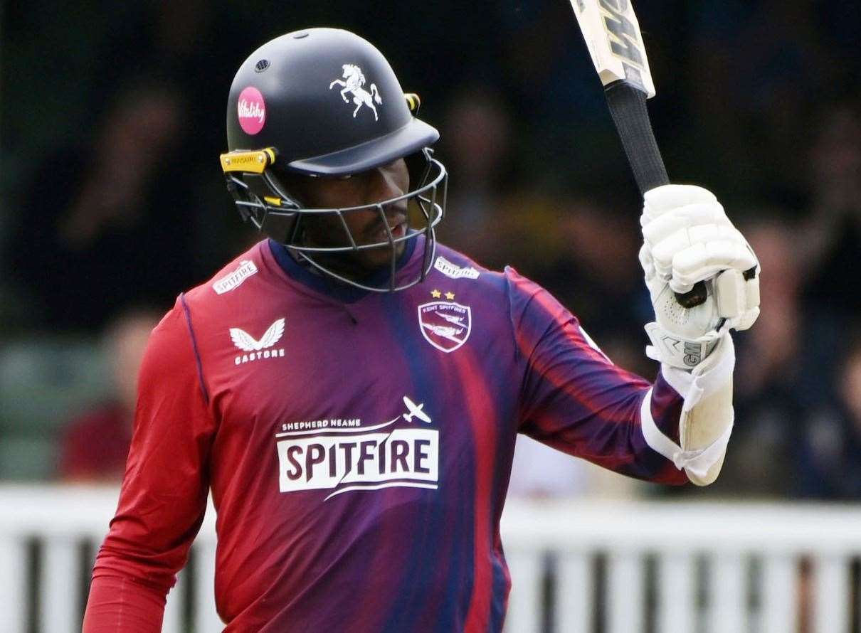 Daniel Bell-Drummond raising his bat as he reaches his half-century in Kent Spitfires’ home T20 Blast defeat to Middlesex on Sunday. Picture: Barry Goodwin