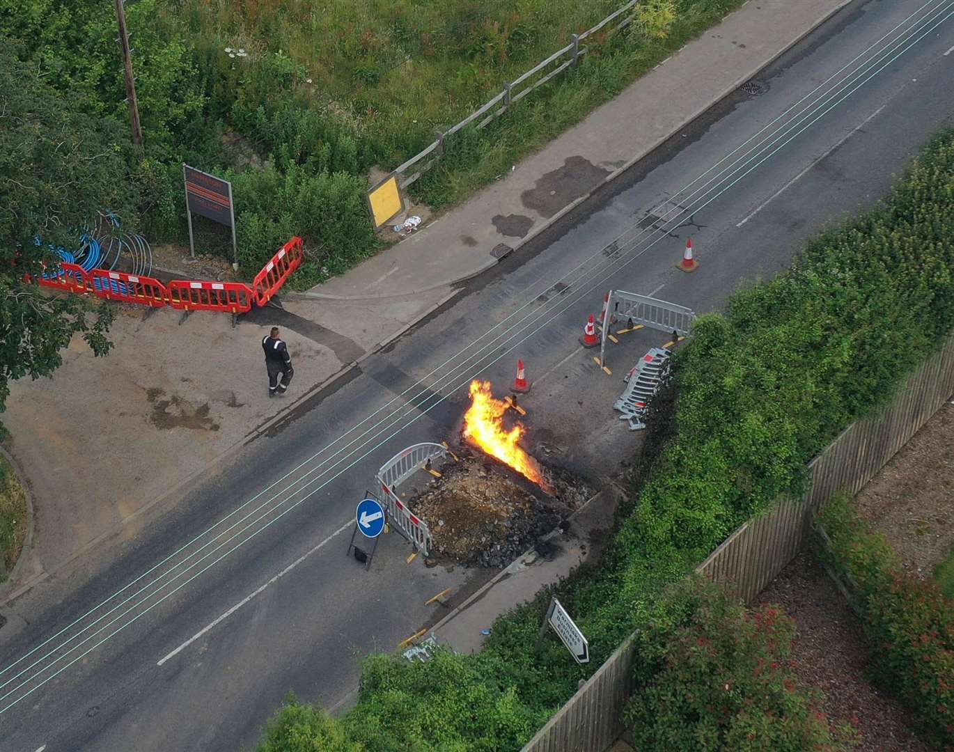 The gas main fire in Maidstone Road, Sutton Valence, near Maidstone. Picture: UKNIP