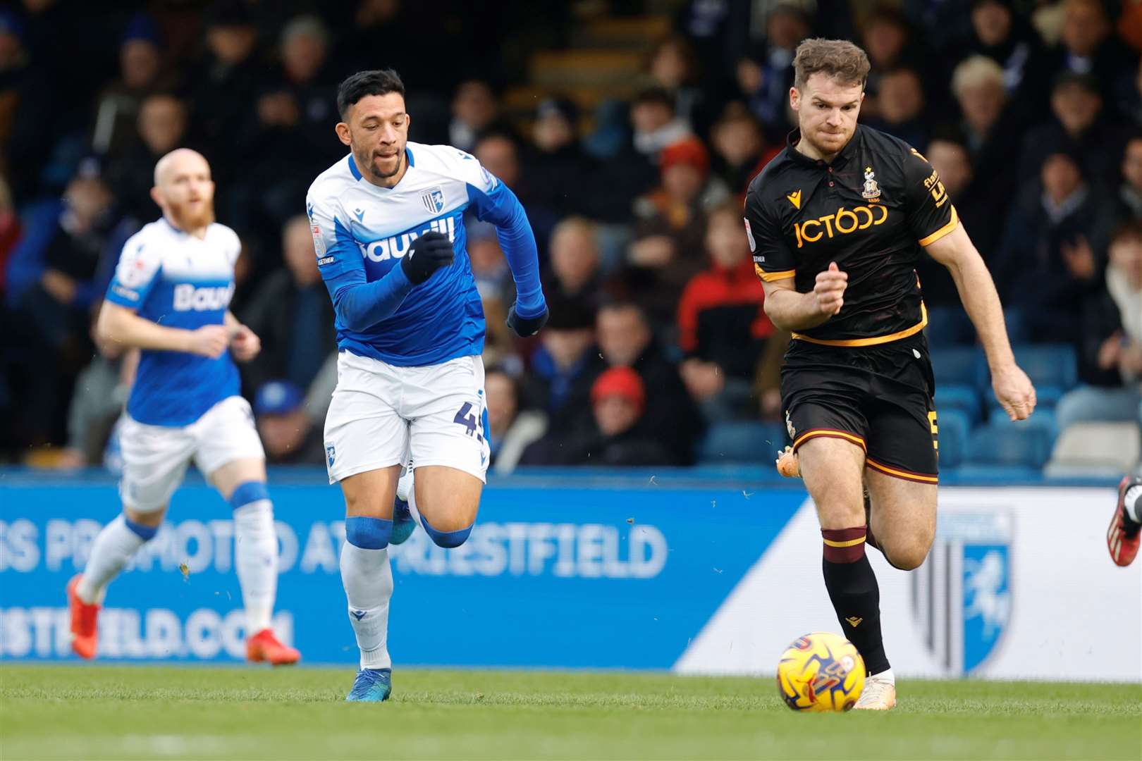 Macauley Bonne in action for Gillingham against Bradford City Picture: Beau Goodwin