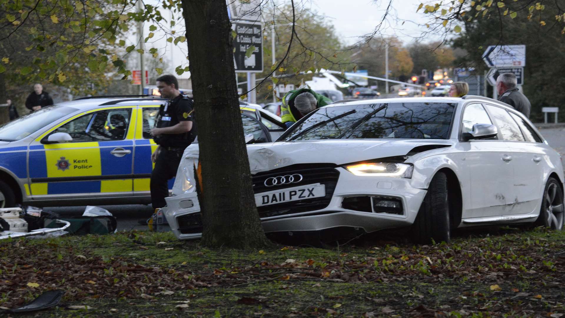 Four people were arrested after a car, believed to have been stolen, smashed into a tree. Picture: Paul Amos