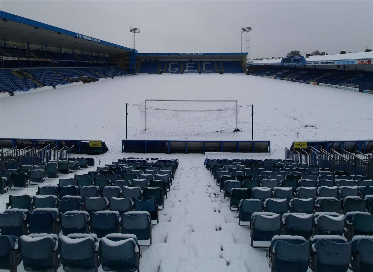 The Priestfield pitch was covered in snow after wintry conditions hit the Medway towns this week, Picture: GFC