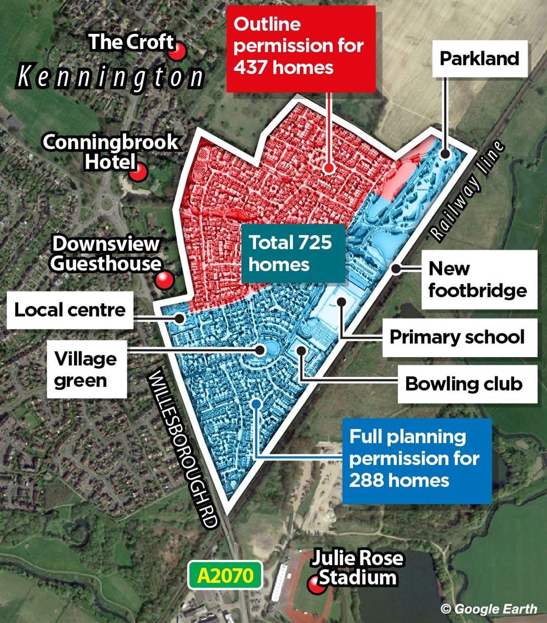 An overview of the Conningbrook Park site, showing which area has been fully approved and which has been allowed in principle