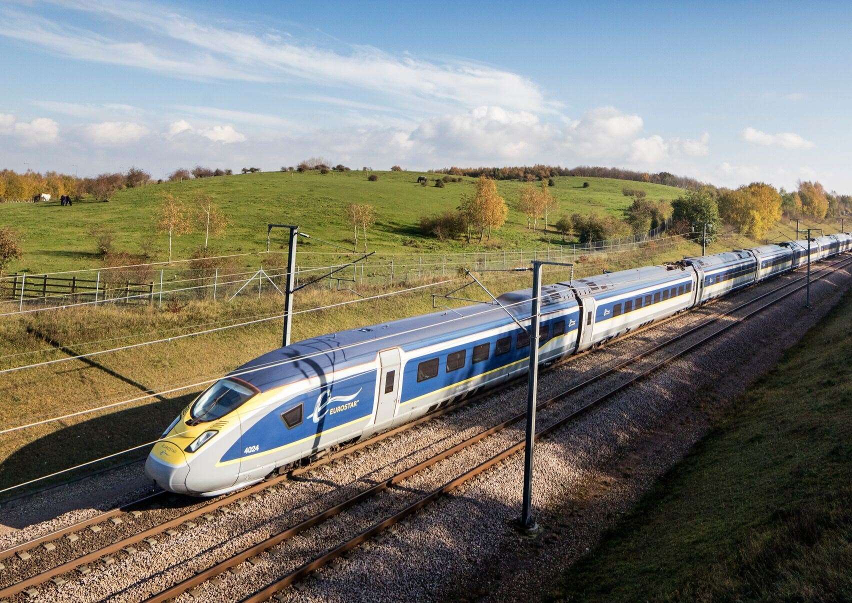 A Eurostar e320 train on the move in Kent