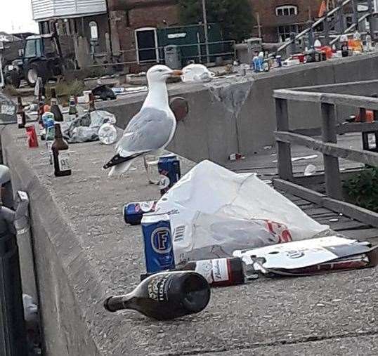 Piles of litter strewn across Whitstable beach has been blamed on large groups gathering in the area. Picture: Brandon Cordery