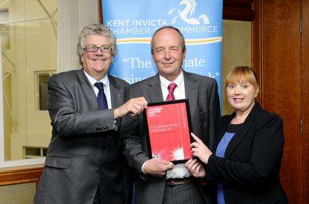 Richard Jackson, from Jacksons Fencing, centre, with Cllr Mark Dance and Kent Invicta Chamber of Commerce boss Jo James