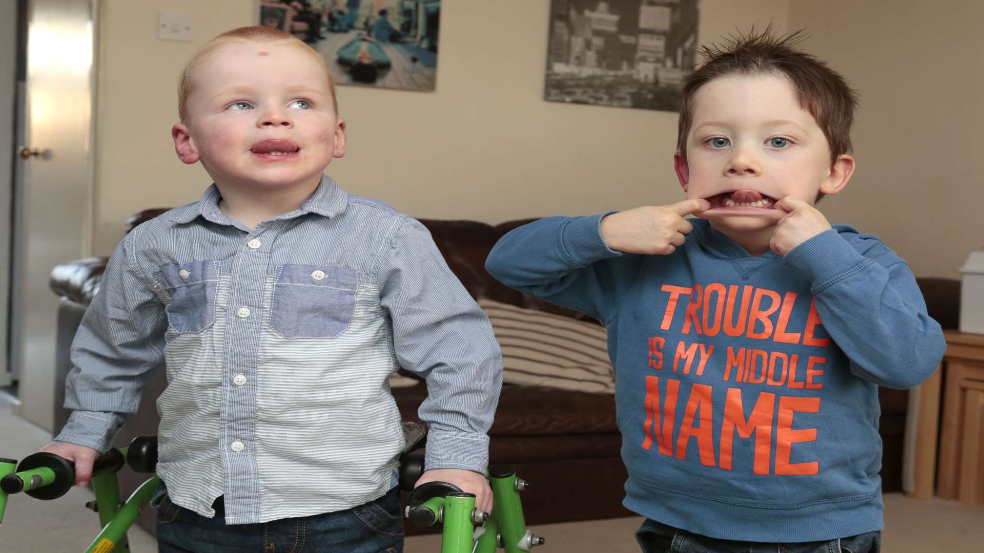 Jamie (left) and Joe, who are both three, met at a special physio class for children with cerebral palsey. Picture: Martin Apps