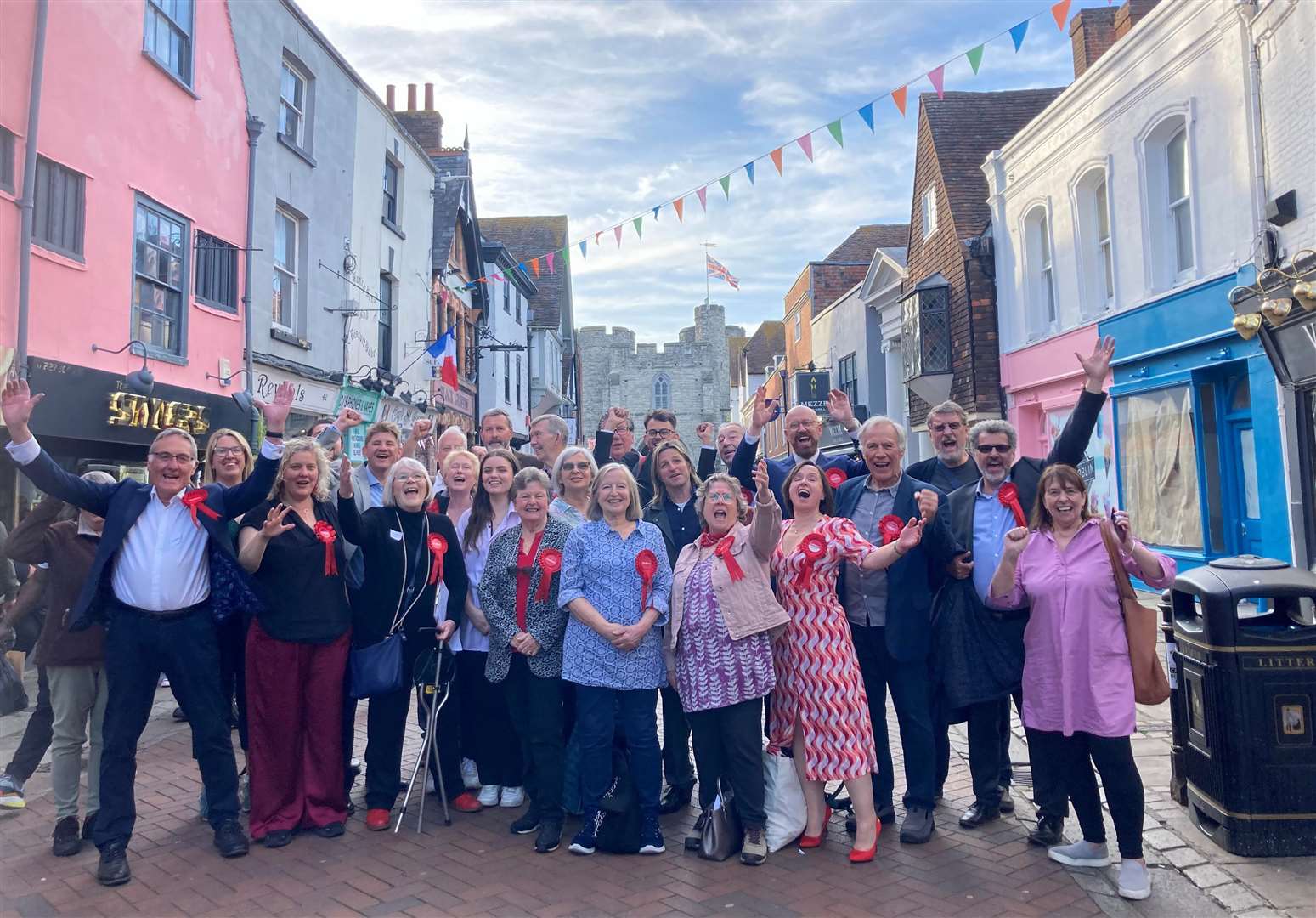 Labour councillors and supporters celebrate taking the most seats at Canterbury City Council although the 18 was not enough for an overall majority