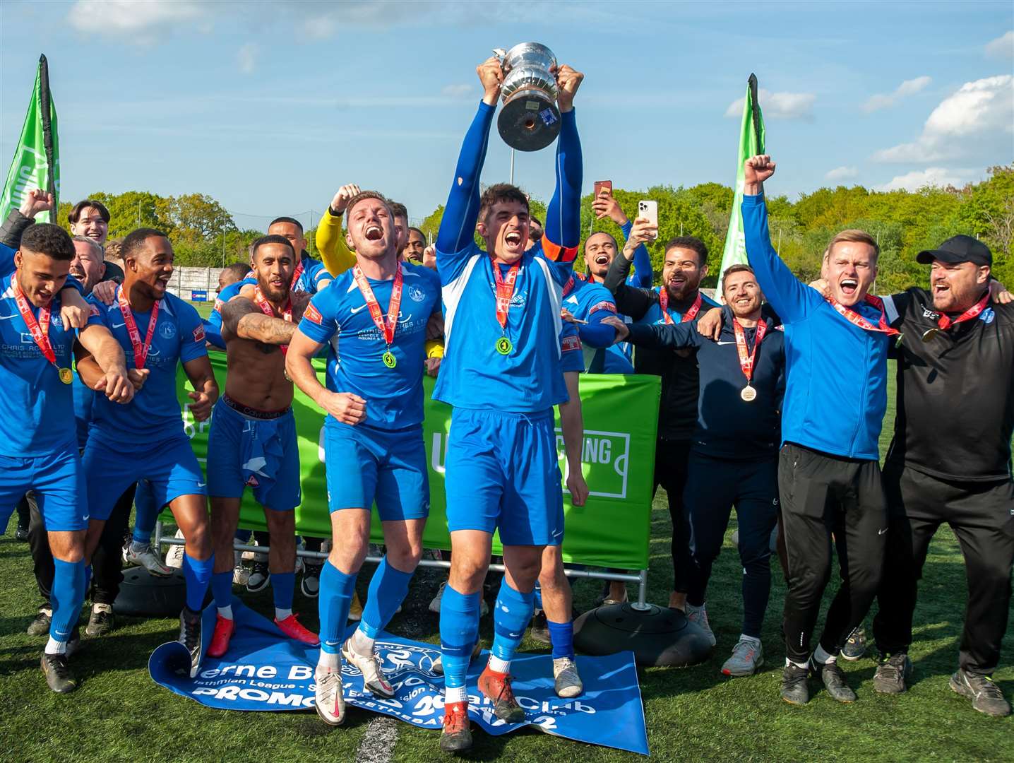 Herne Bay's Laurence Harvey leads celebrations after last season's Isthmian South East play-off victory at Ashford. Picture: Ian Scammell