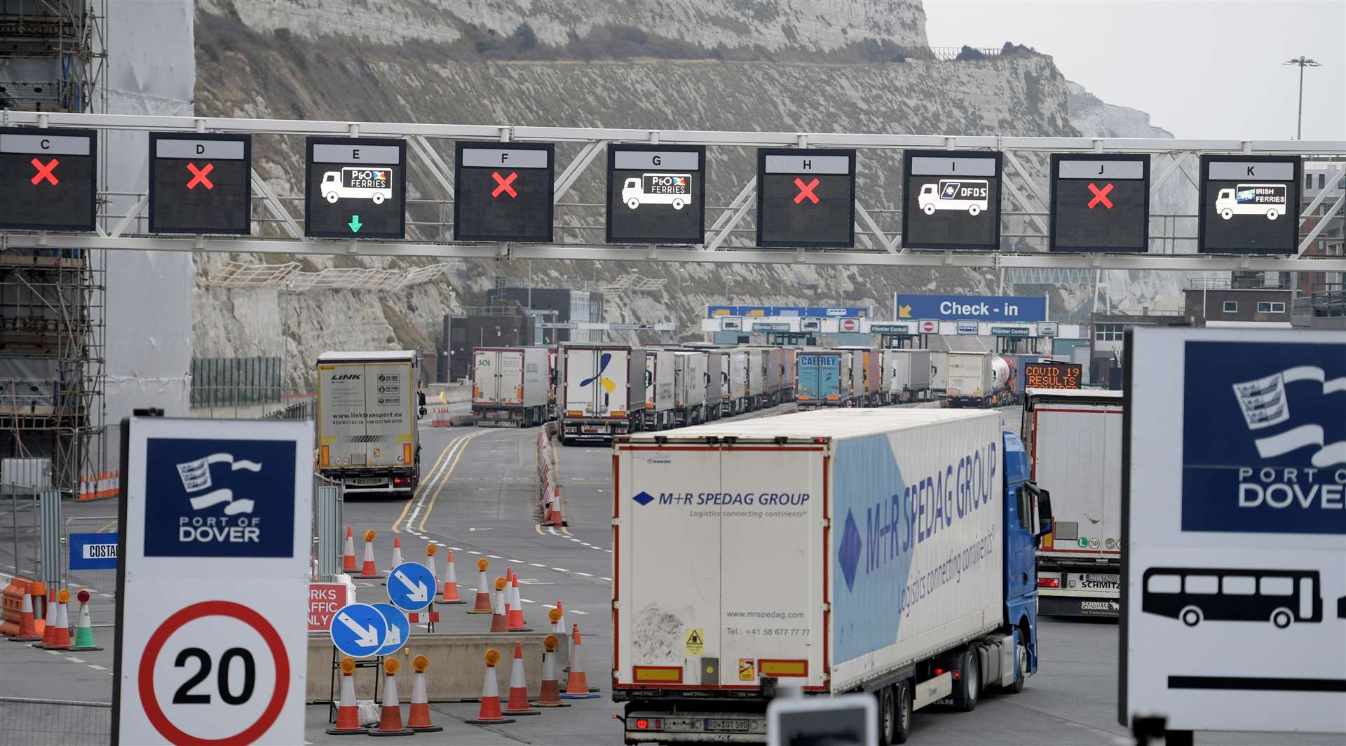 Lorries queue at the port of Dover. Stock photo