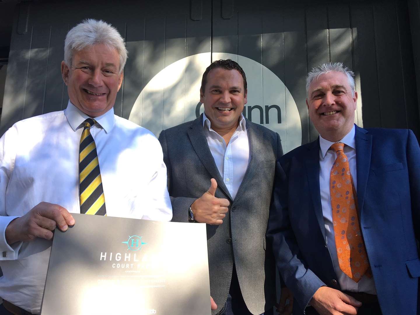 Canterbury Rugby Club chairman Giles Hilton, Quinn Estates director Mark Quinn and Canterbury City Football Club chairman Tim Clark at Highland Court Farm