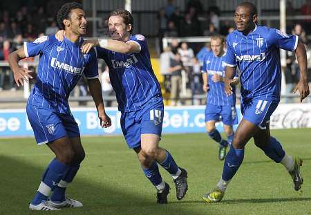 Stefan Payne celebrates scoring Gillingham's final goal in the 6-1 victory over Hereford