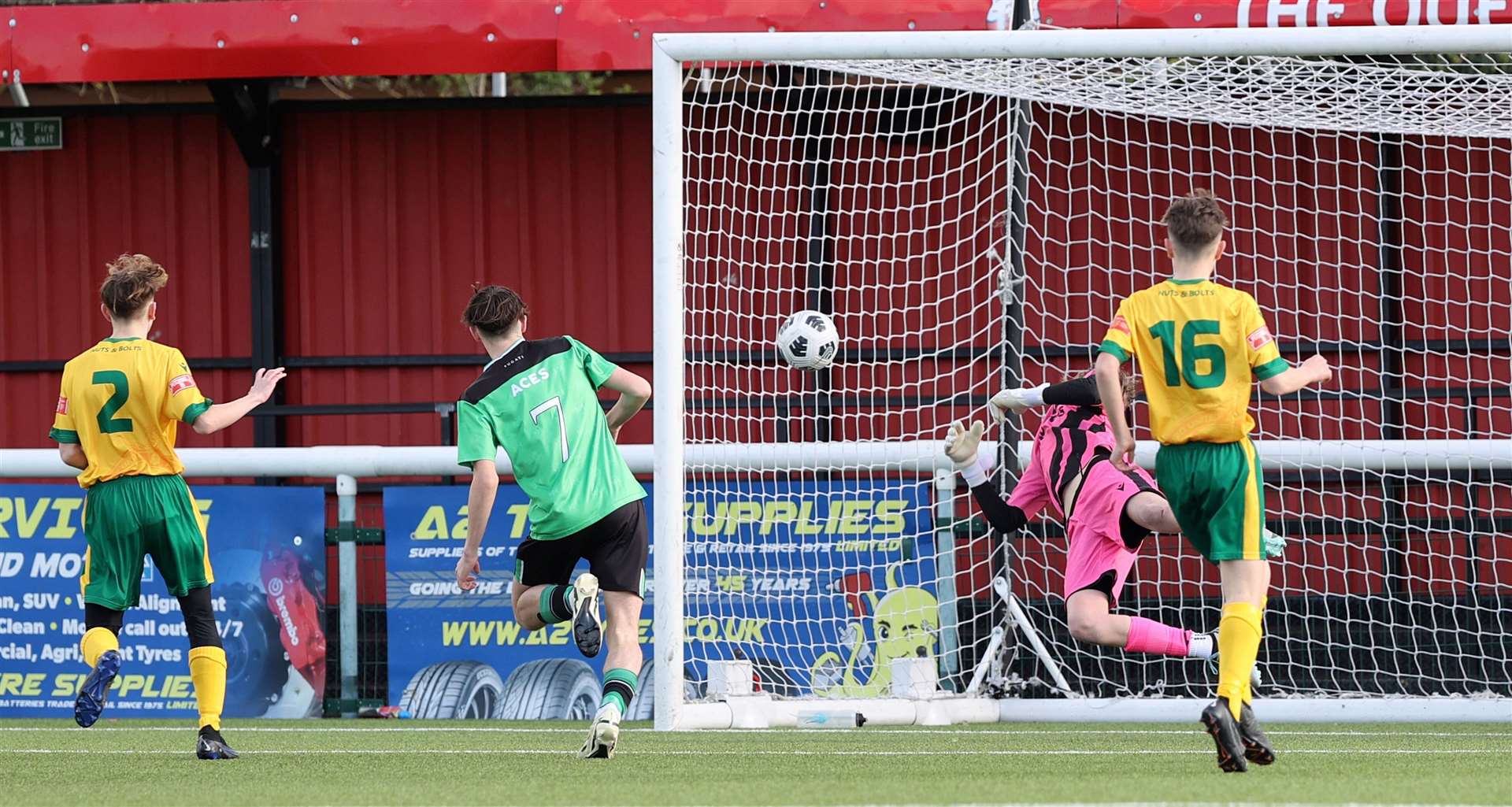 Greenway Aces under-15s take an early lead as Aston Freeman scores against Ashford on Sunday. Picture: PSP Images