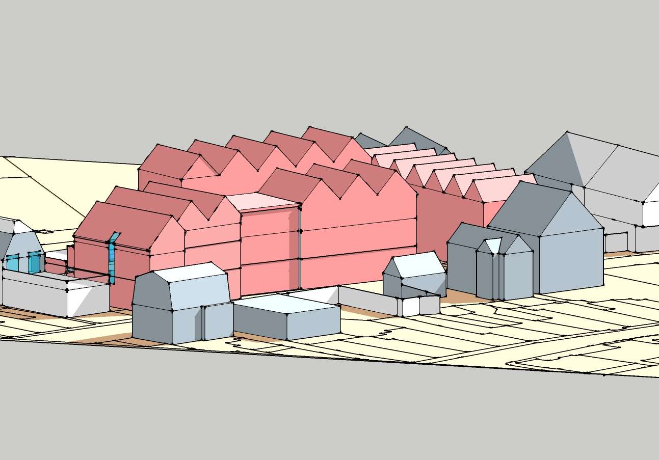 Campaigners claim the new buildings would be higher than The Horsebridge (in red)