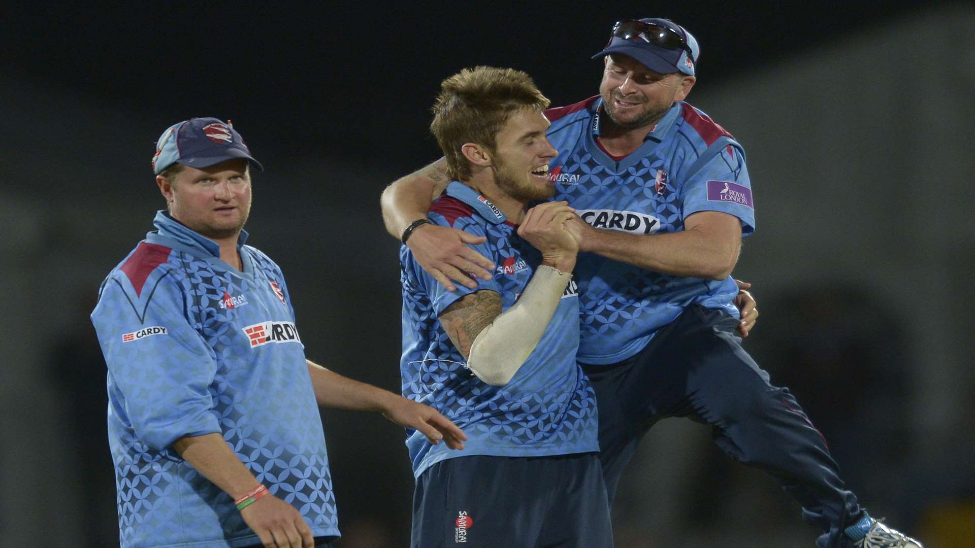 Ben Harmison is mobbed by Darren Stevens after taking a wicket in the Royal London Cup quarter-final. Picture: Ady Kerry.