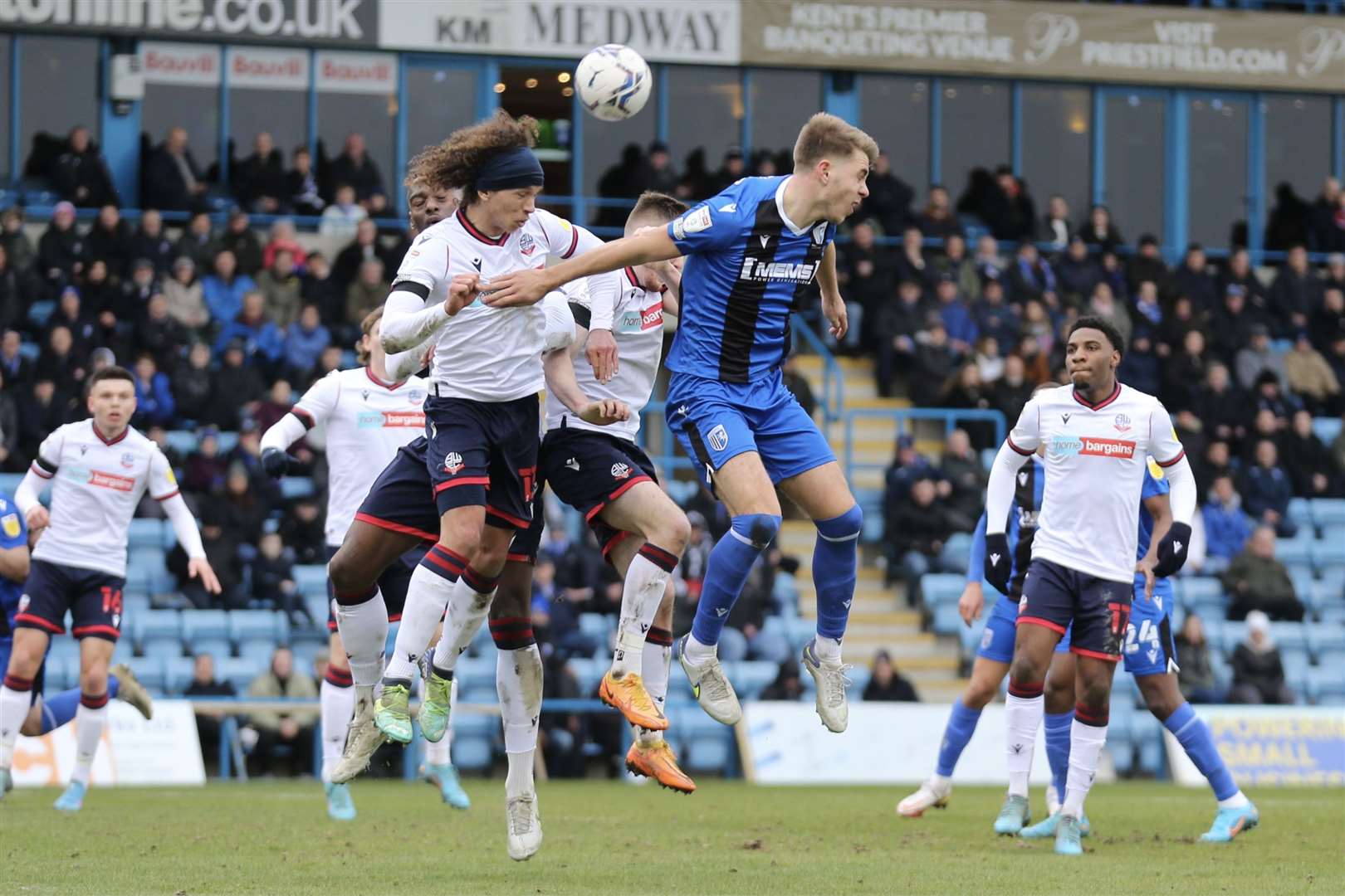 Jack Tucker loses out in the air against Bolton Picture: KPI (55268773)