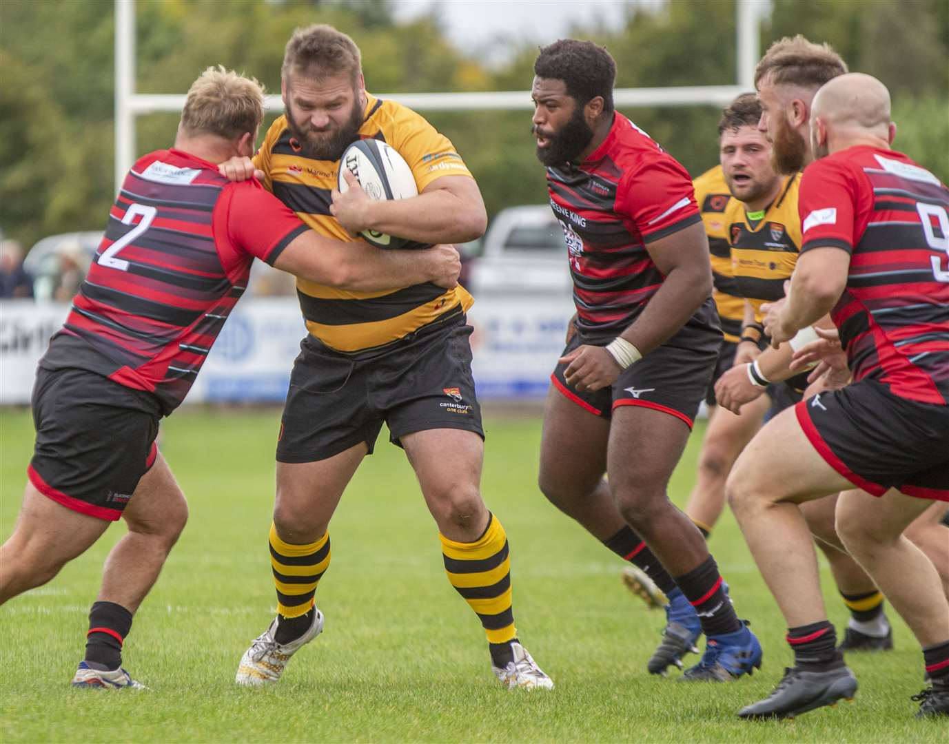 Nathan Morris under pressure as Canterbury and Blackheath battle for the ball. Picture: Phillipa Hilton