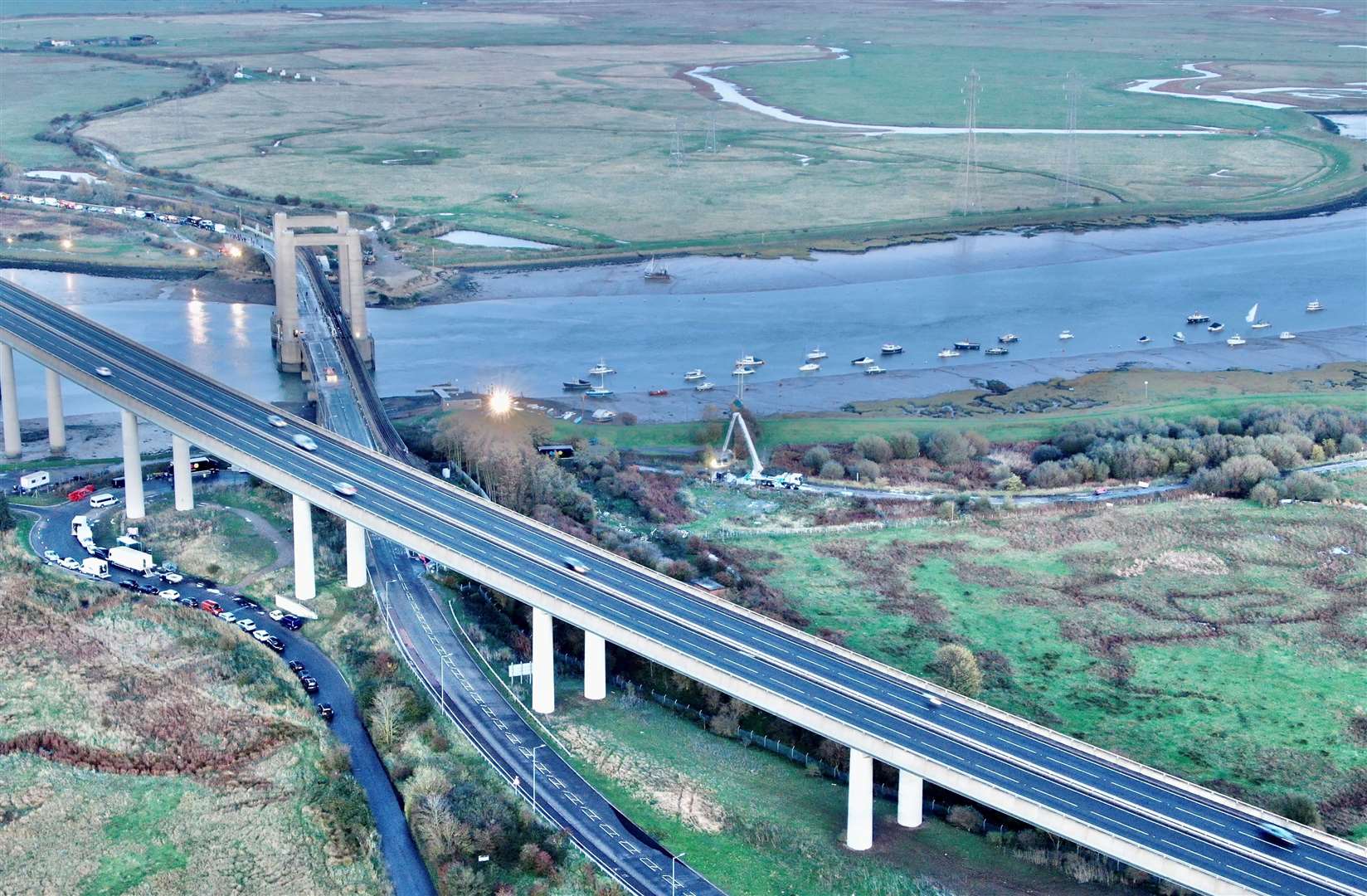 The A249 Sheppey Crossing was closed after a man was taken to hospital following a car crash. Picture: Phil Drew