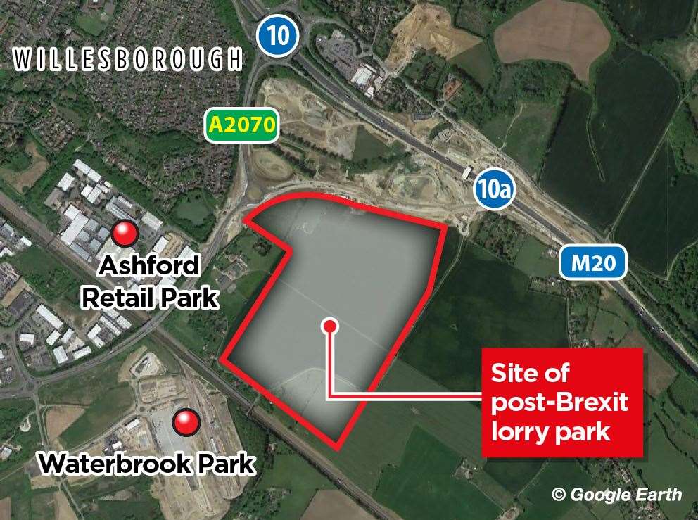 Where the post-Brexit lorry park is being built; Kingsford Street is to the right of the facility, running alongside the M20