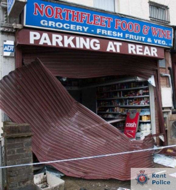 The damaged front of the shop. Ram raiders who stole an ATM from a newsagent in Northfleet in November 2019 have been jailed for a combined total of 22 years. Picture: Kent Police