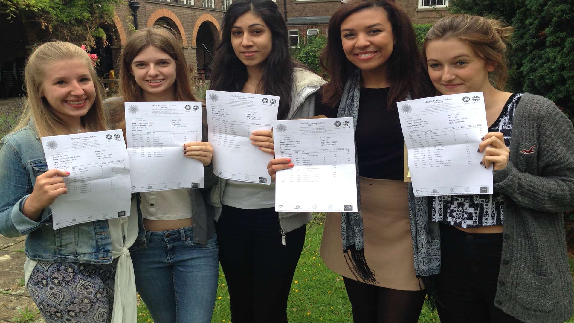 Mayfield Grammar School pupils Maria Gemmell (A* A B), Alice Coates (three A*s), Simran Bahia (two A*s and A), Jodie Yates (two A*s and two Bs) and Grace Baker (A*, A and B)