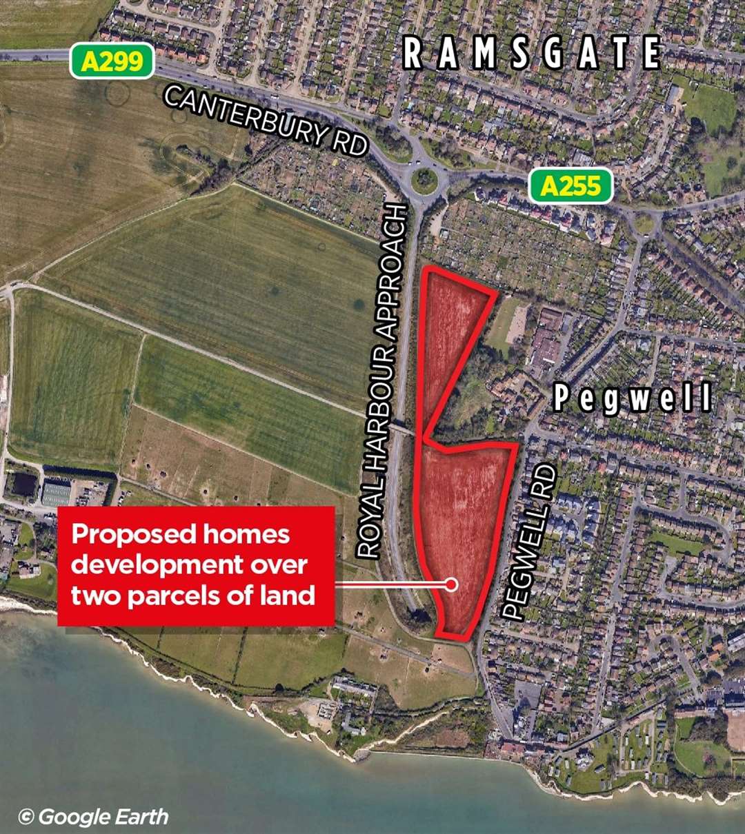 The two parcels of land in Ramsgate being eyed-up for new housing by Fernham Homes