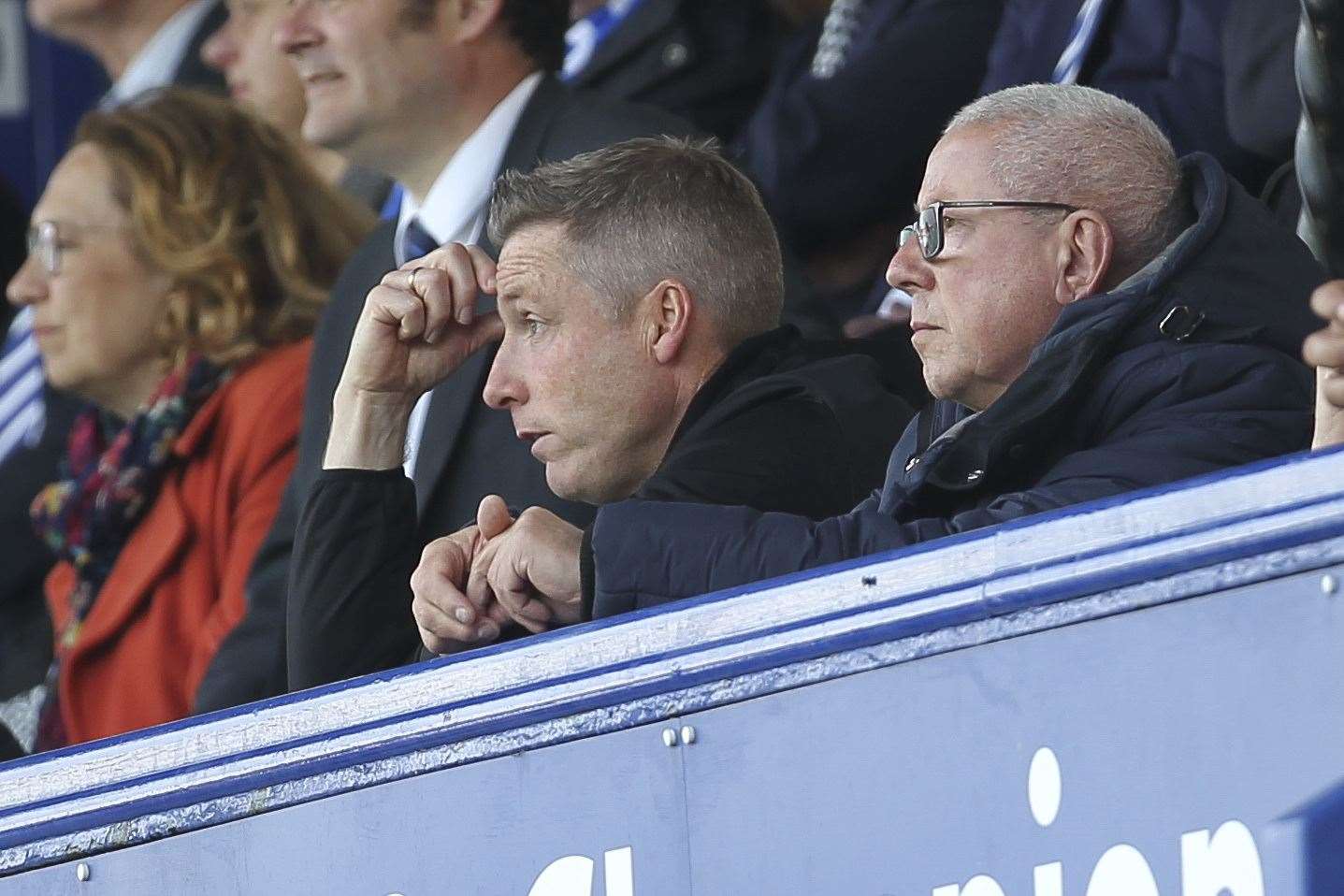 Manager Neil Harris had to watch the second half with chairman Paul Scally at Portsmouth Picture: KPI