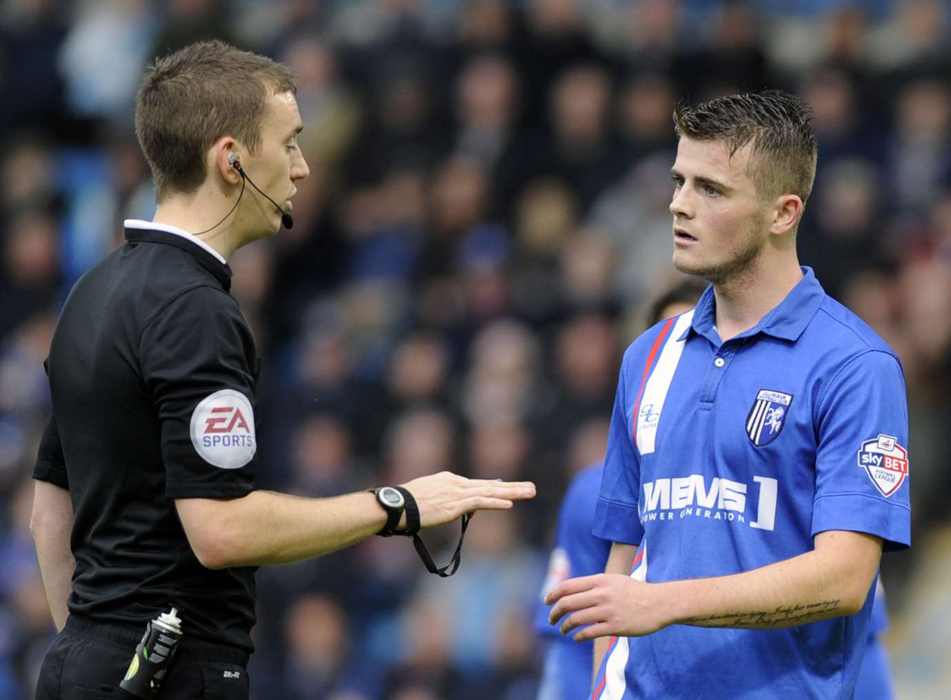 Referee Ben Toner warns Rory Donnelly over his conduct on Saturday Picture: Barry Goodwin