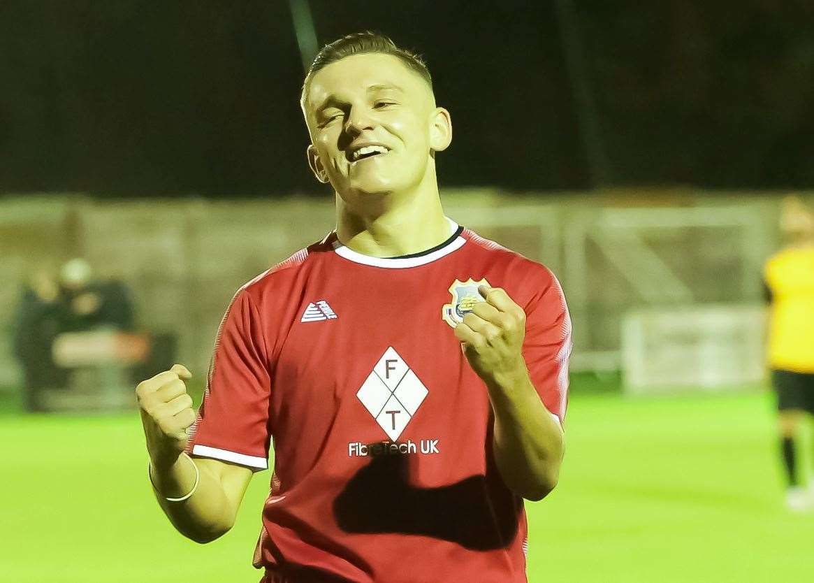 Josh Oliver celebrates the first of the night for Whitstable. Picture: Les Biggs