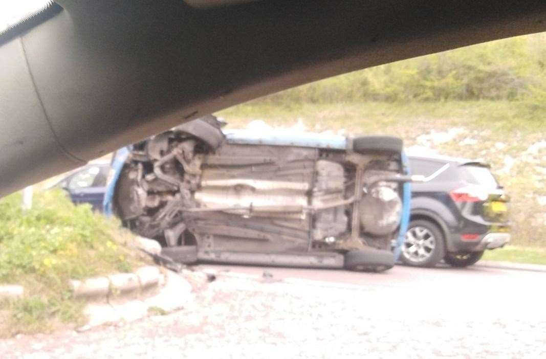 The overturned car on Ash Tree Lane, Chatham. Picture: Liz Brooks