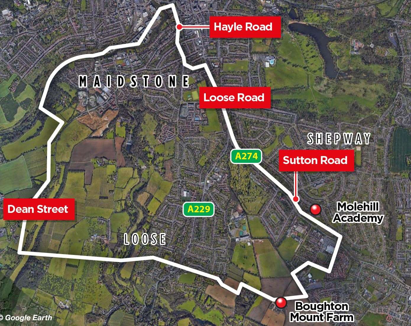 The map of the area, which includes ME15 and several addresses in ME16 and ME17