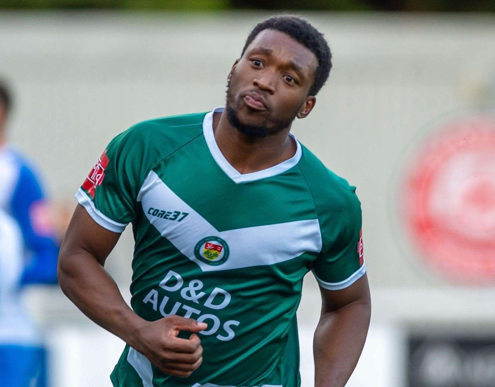 Vance Bola celebrates Ashford's second against Merstham. Picture: Ian Scammell