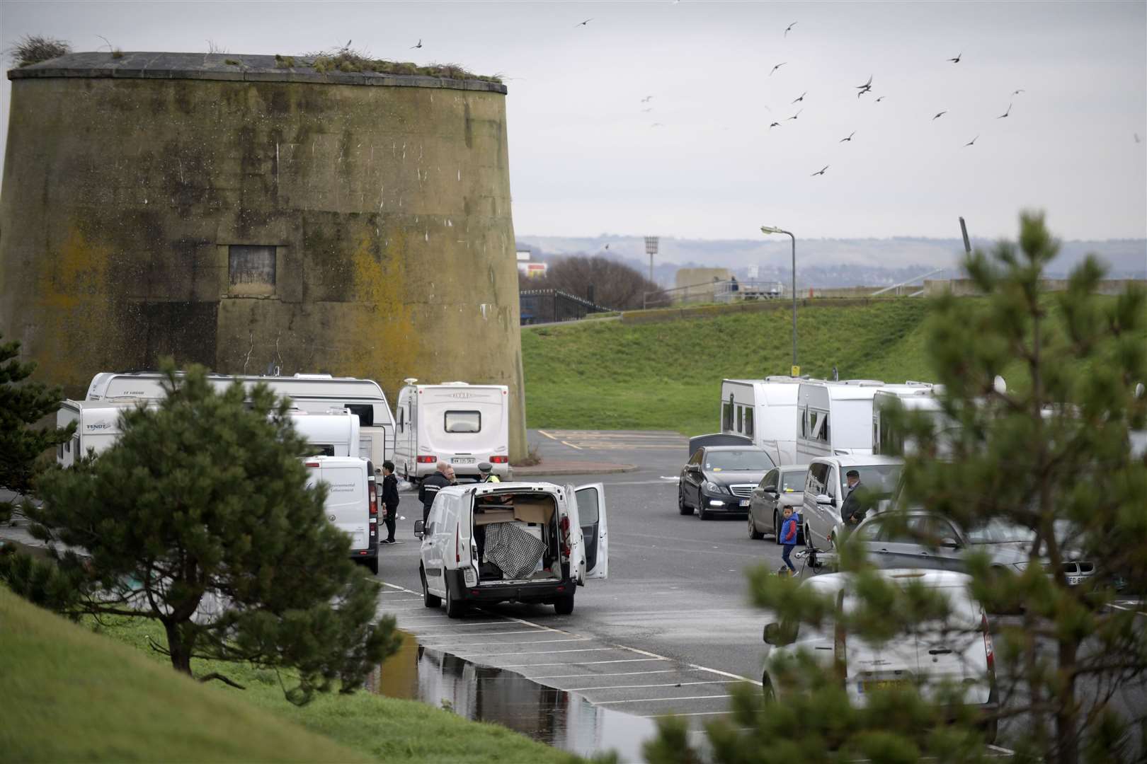 Environmental officers attended the car park in Dymchurch on Thursday. Picture: Barry Goodwin