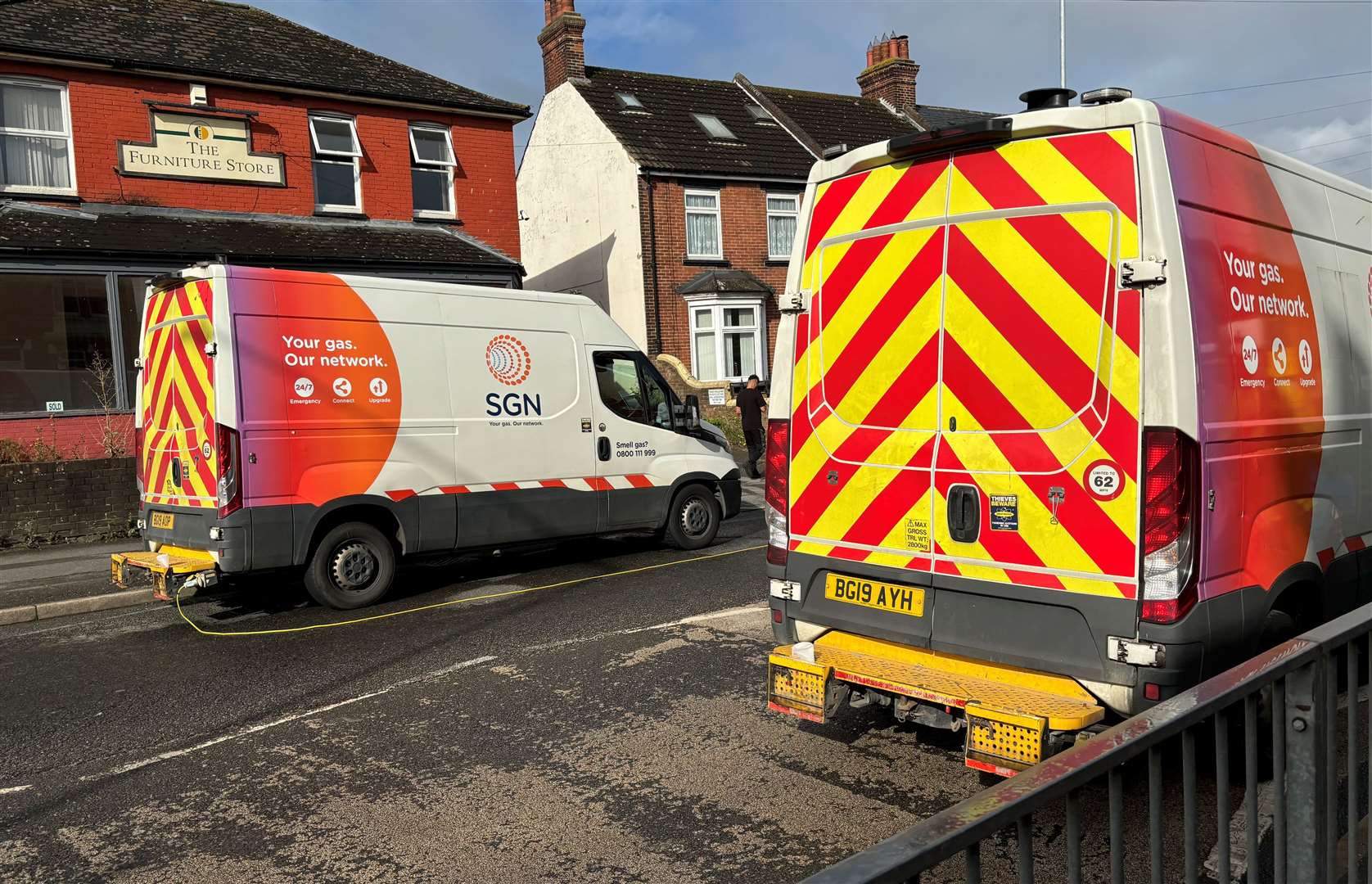 Multiple SGN vehicles parked in Hythe Road, Ashford, this morning