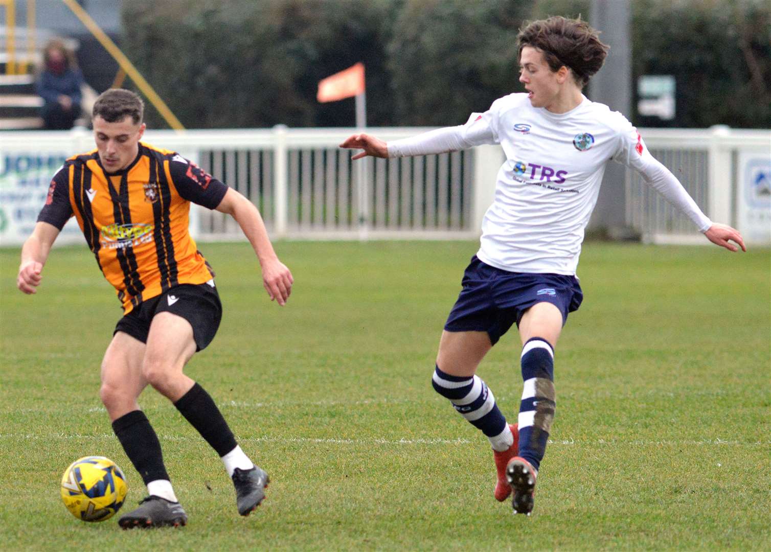 On-loan Tonbridge player Louis Collins turns on the ball at Cheriton Road against Corinthian-Casuals. Picture: Randolph File